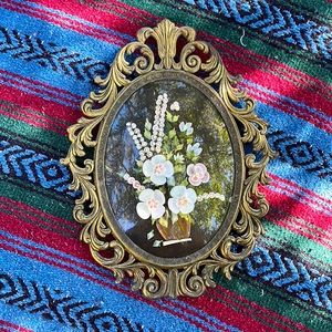 Vintage Flower Art in Ornate Metal Gold Frame
